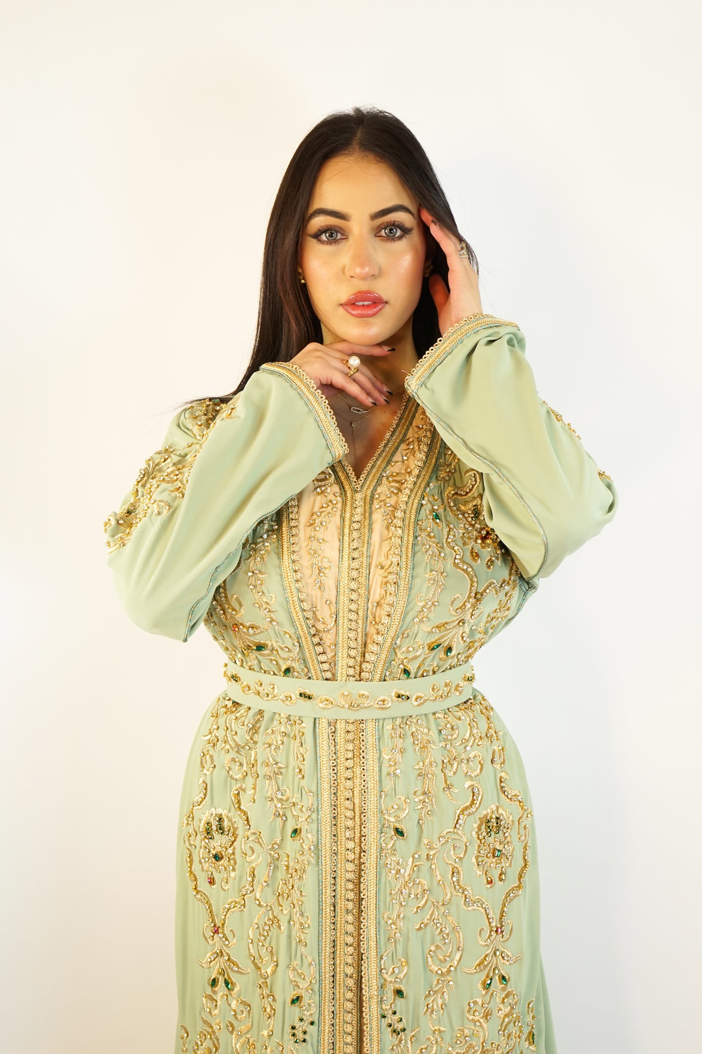 Sage Green Moroccan Takshita with Gold Embroidery and Matching Belt