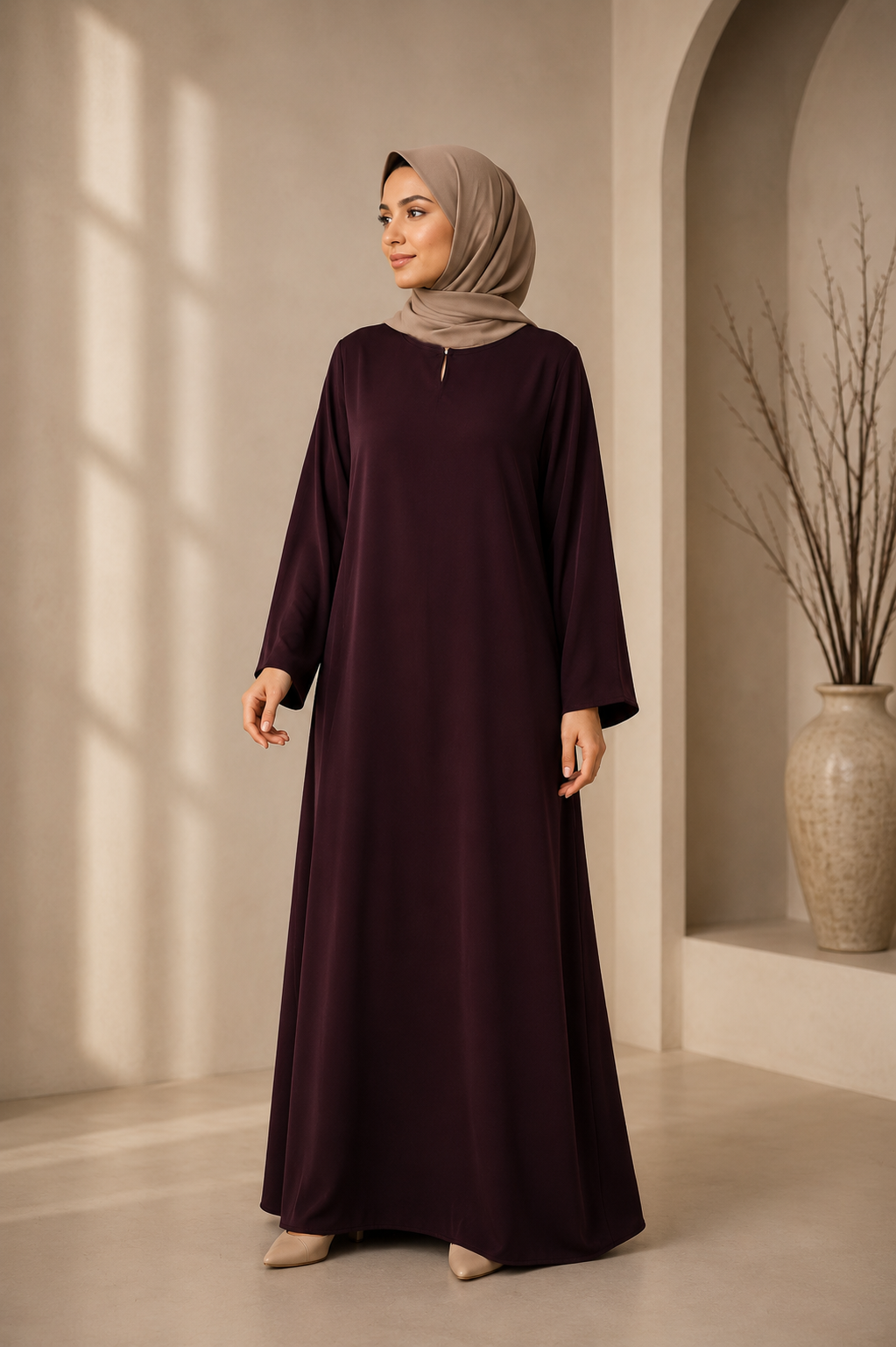 One Button Plain Nida Abaya – Plum