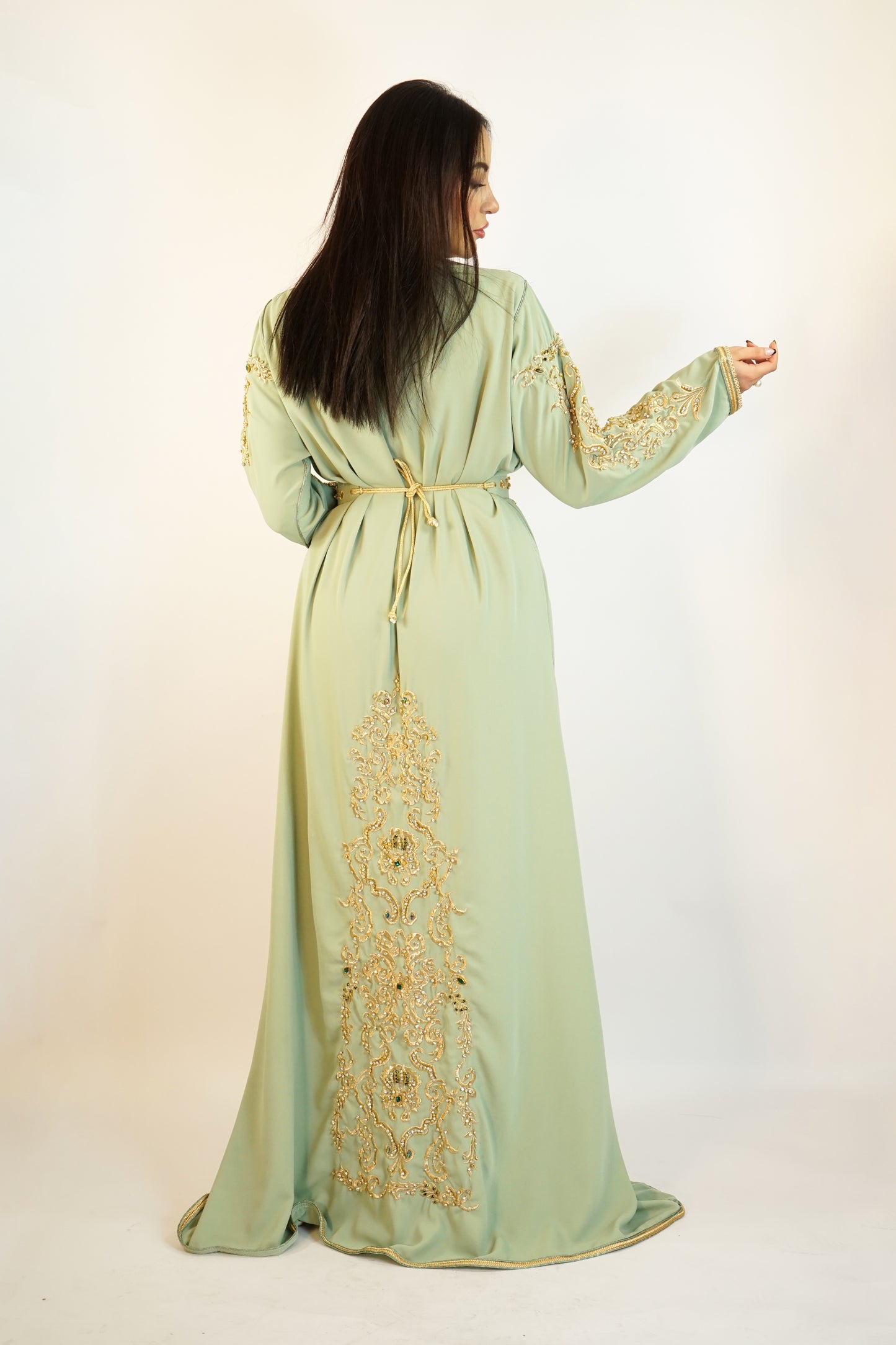 Sage Green Moroccan Takshita with Gold Embroidery and Matching Belt