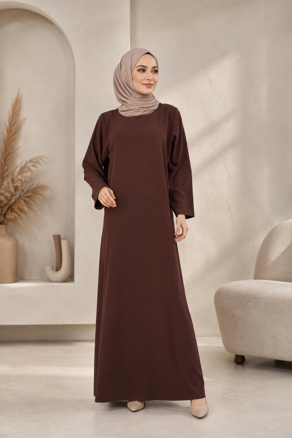 One Button Plain Nida Abaya –  Brown | Elegant Modest Abaya for Women