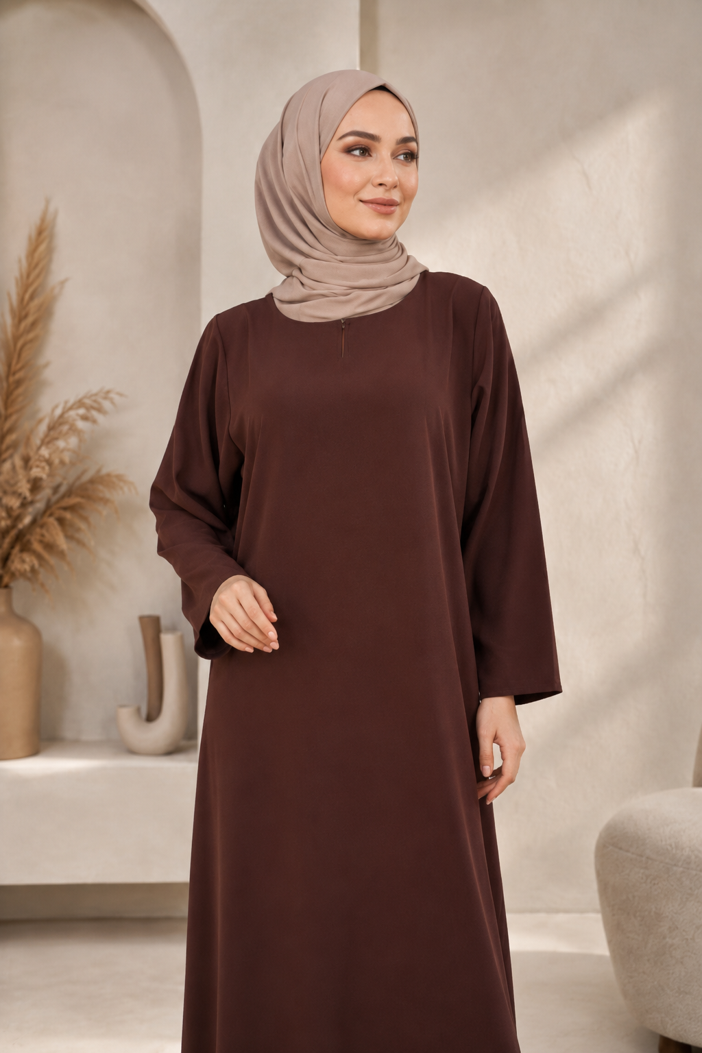 One Button Plain Nida Abaya –  Brown | Elegant Modest Abaya for Women