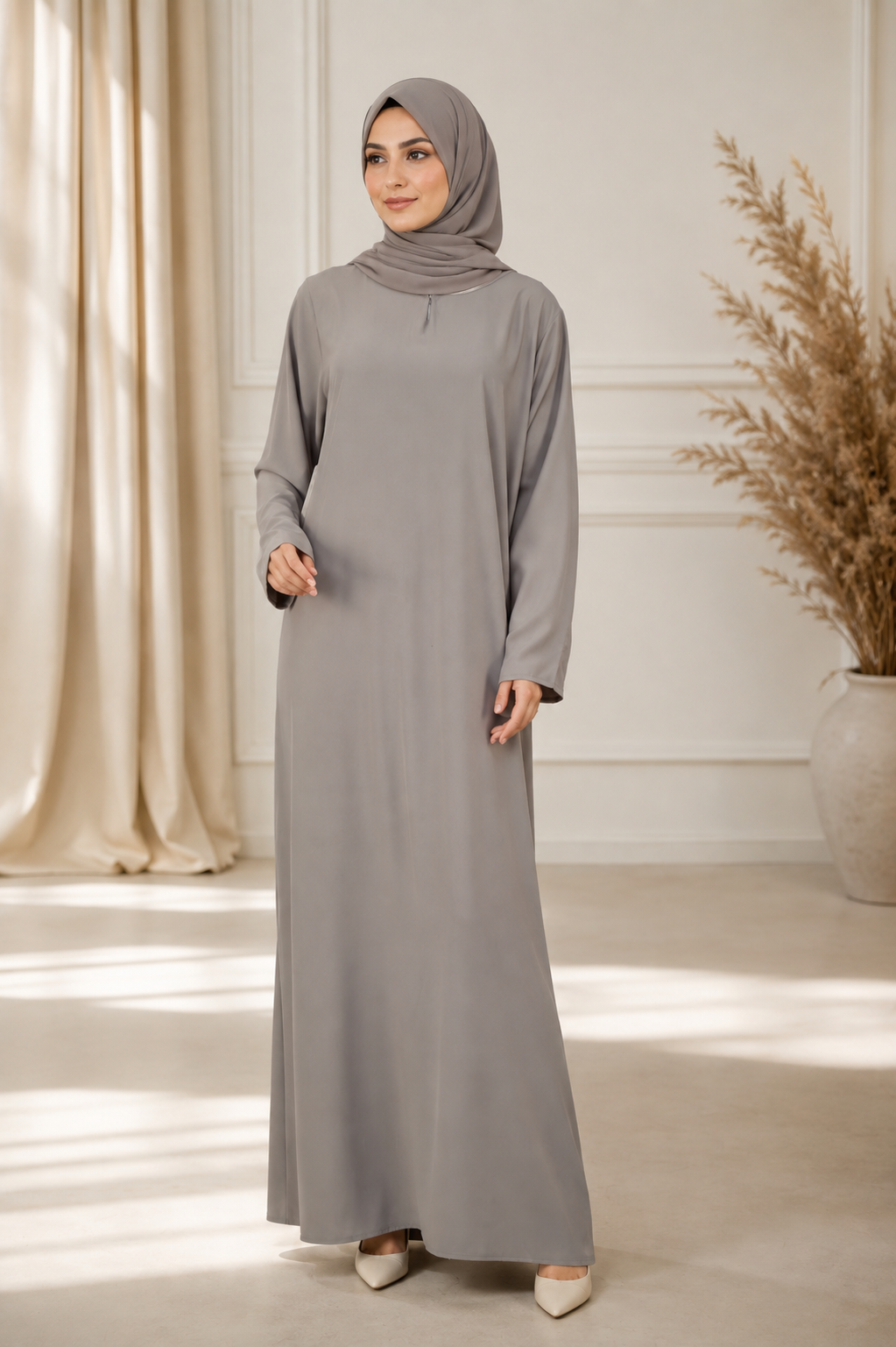 One Button Plain Nida Abaya – Stone Grey