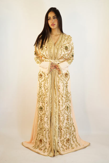 Exquisite Peach & Gold Moroccan Takshita with Handcrafted Embellishments and Belt