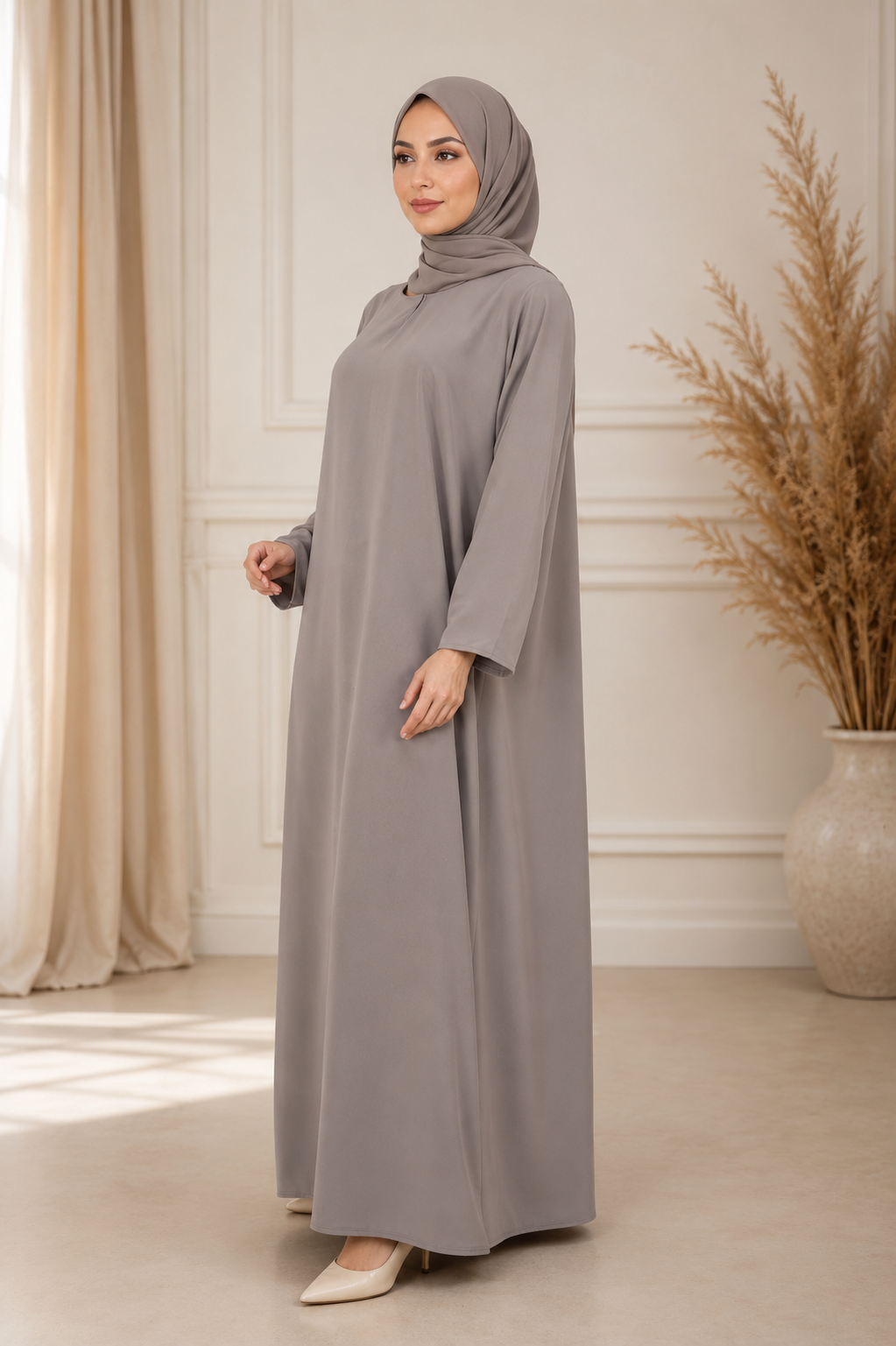 One Button Plain Nida Abaya – Stone Grey
