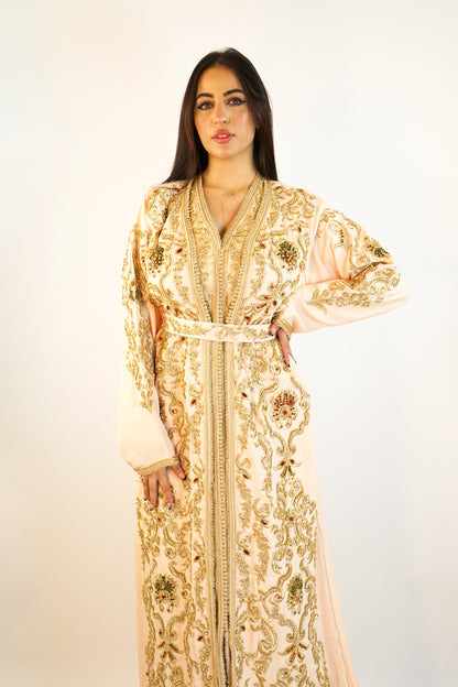 Exquisite Peach & Gold Moroccan Takshita with Handcrafted Embellishments and Belt