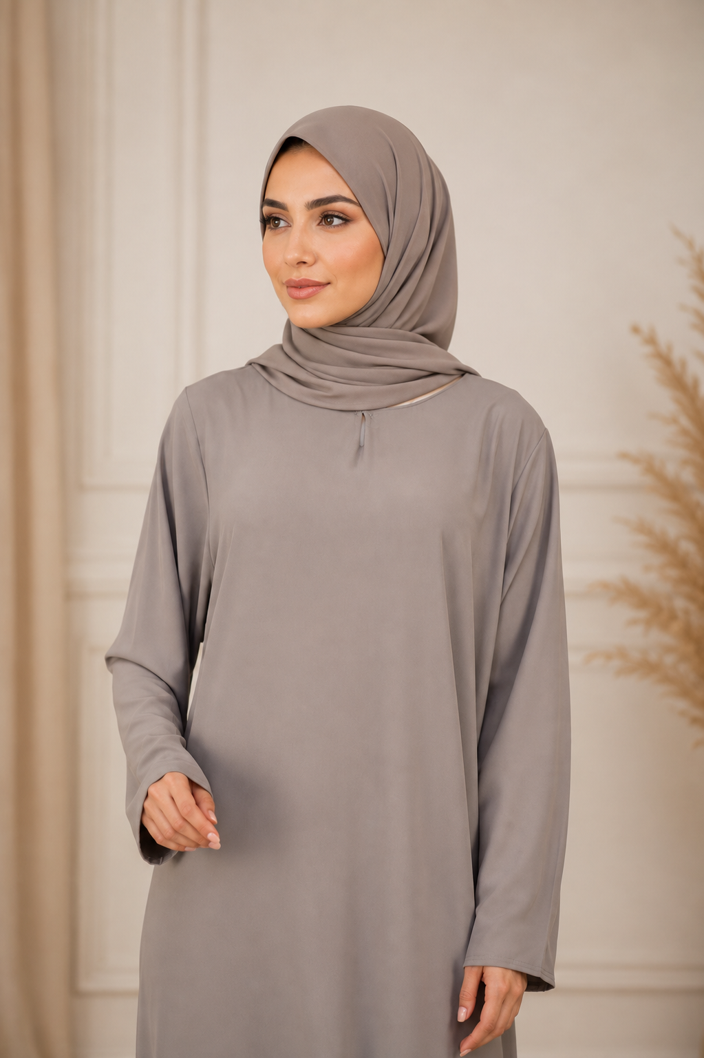 One Button Plain Nida Abaya – Stone Grey