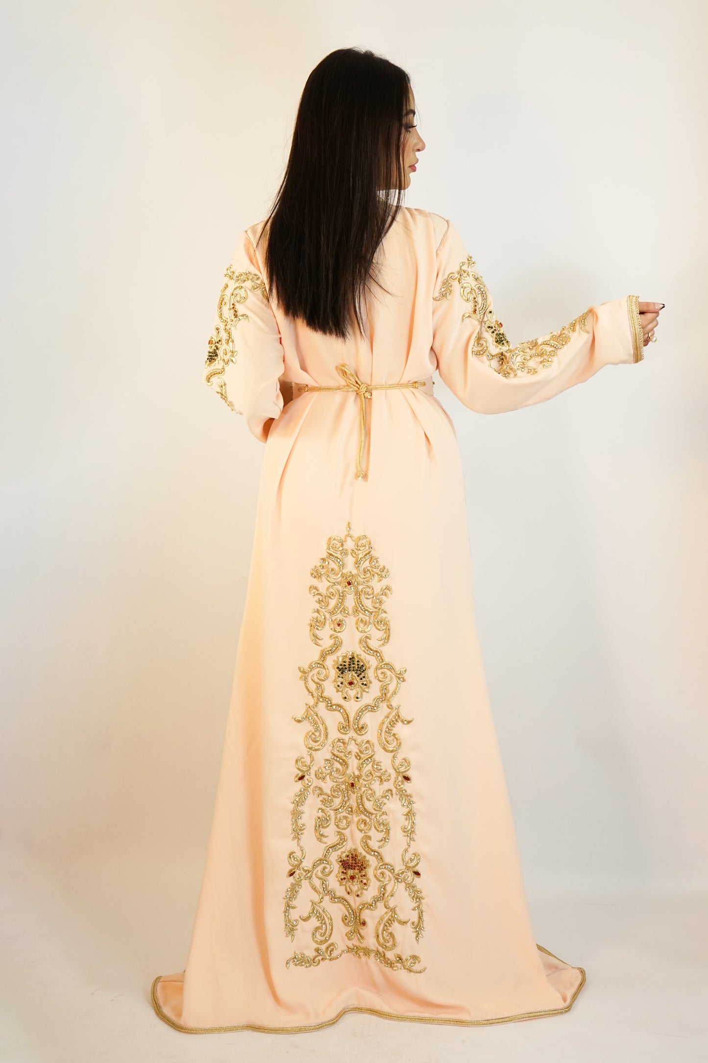 Exquisite Peach & Gold Moroccan Takshita with Handcrafted Embellishments and Belt