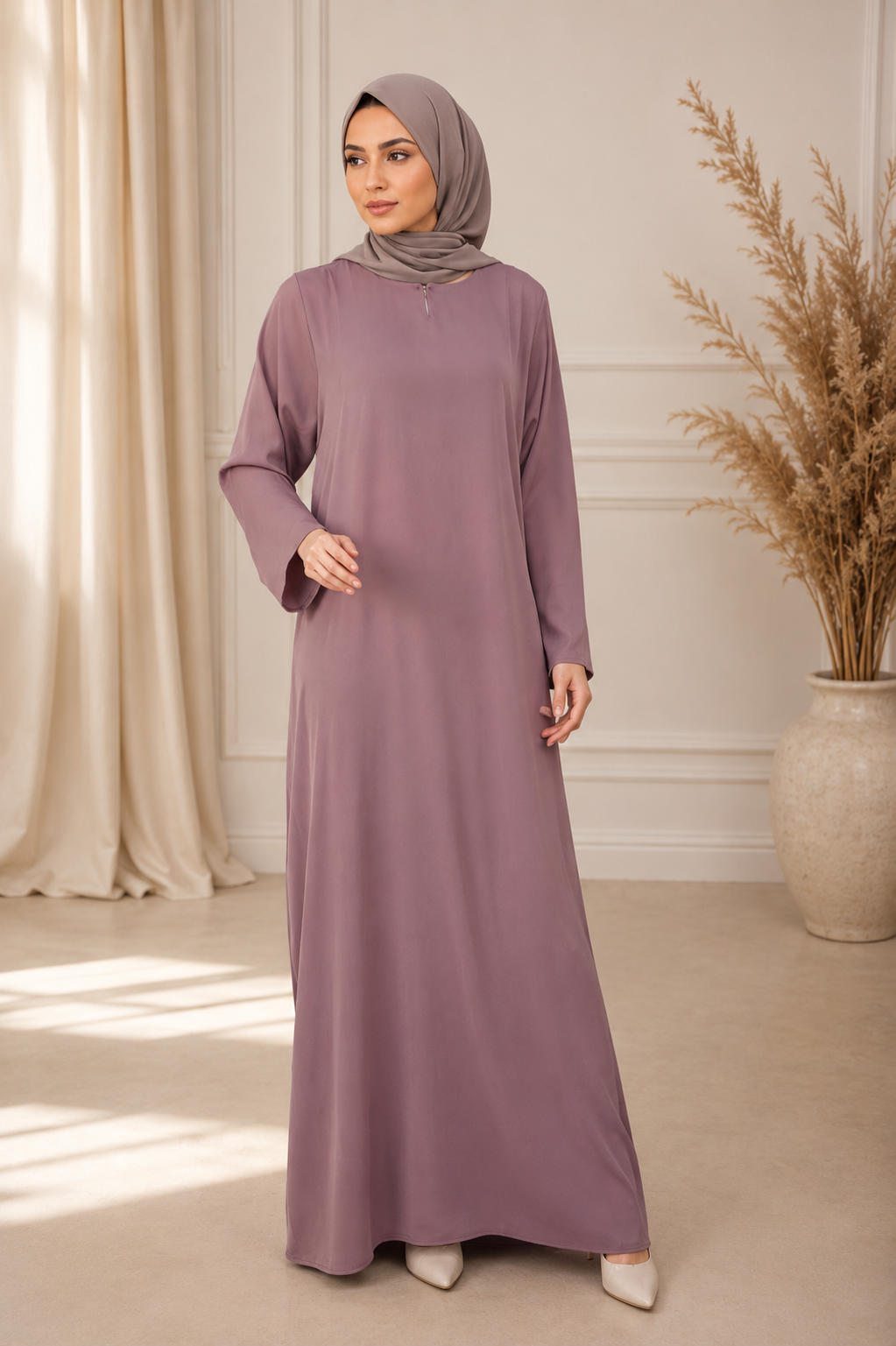 One Button Plain Nida Abaya – Dusty Mauve