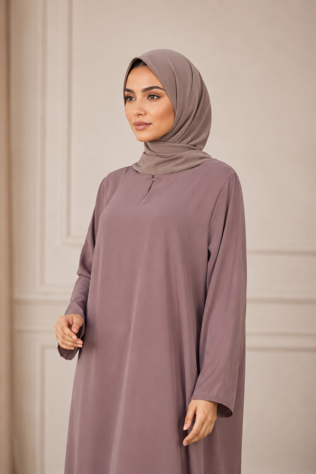 One Button Plain Nida Abaya – Dusty Mauve