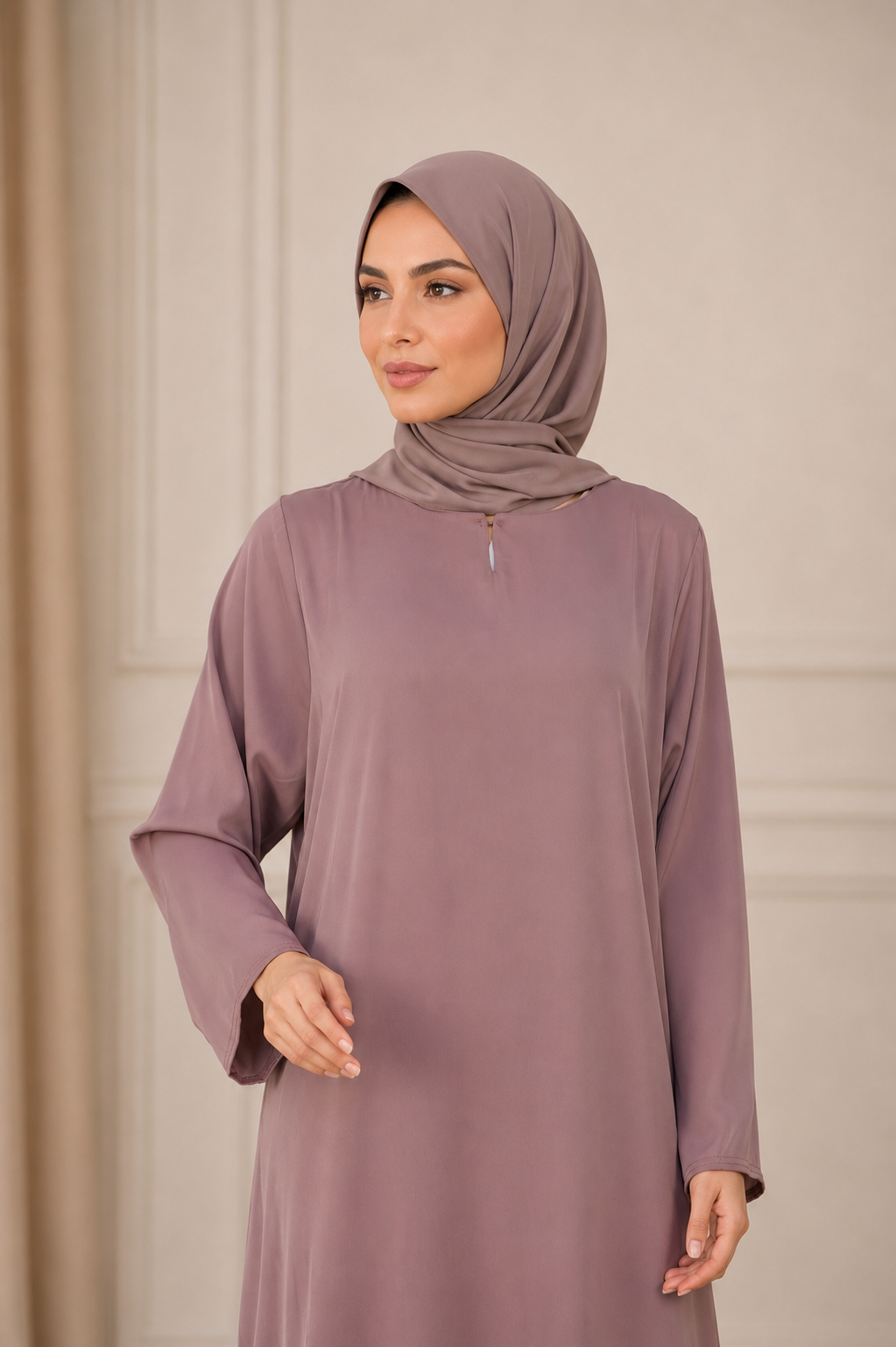 One Button Plain Nida Abaya – Dusty Mauve
