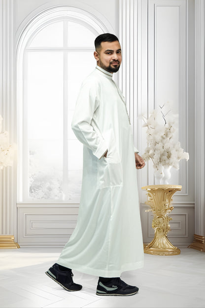 Al Hannawi Designer Thobe White with Khaki Embroidery