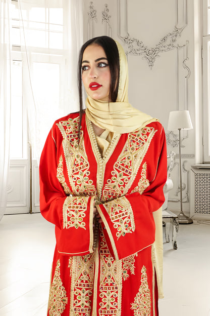 Exquisite Moroccan Luxury Stone-Work 2-Piece Kaftan – Silk Crepe Red