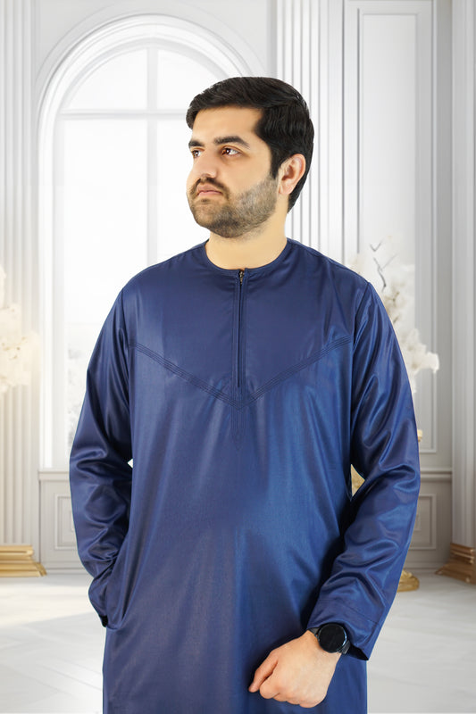 Shiny Blue Emirati Thobe with Zip and Collarless Design