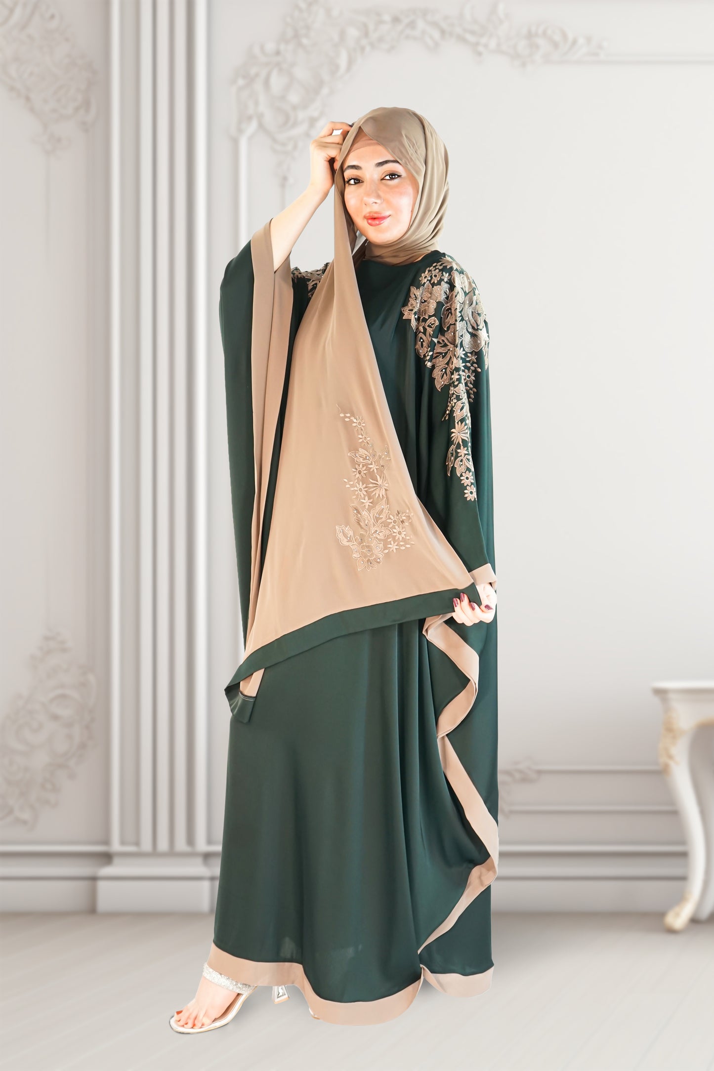 Dubai Style Embroidered Kaftan in Royal Green