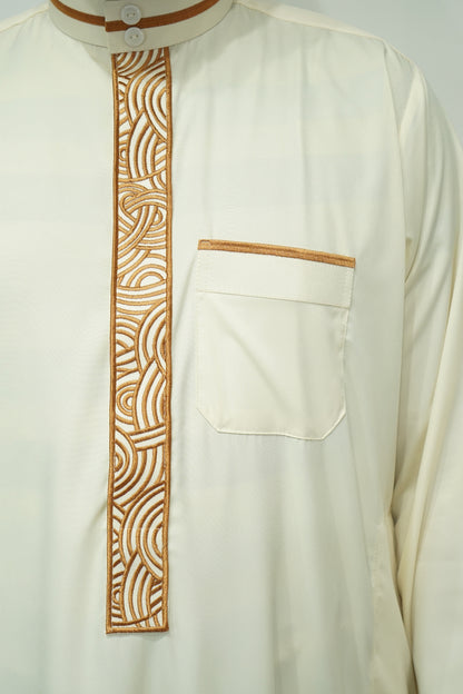 Al Hannawi Designer Thobe Cream with Golden Embroidery Work