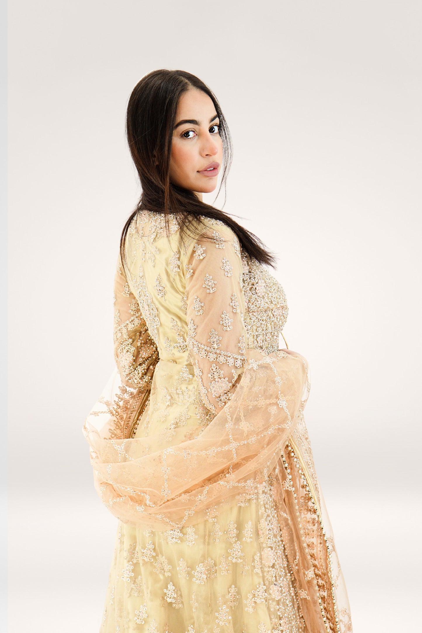 Elegant Golden Soft Net Asian Long Suit