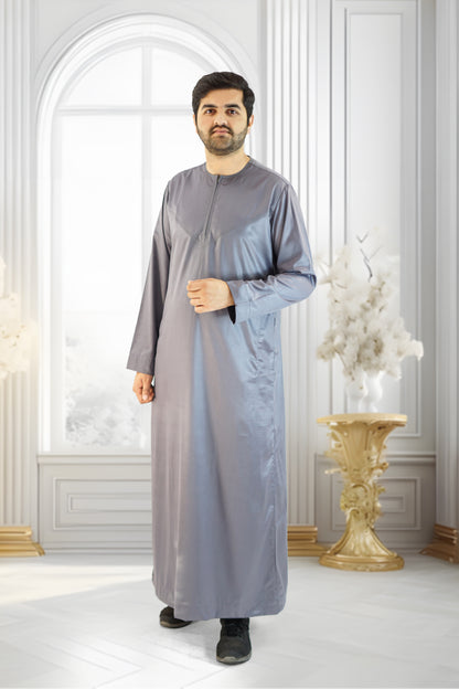 Shiny Grey Emirati Thobe with Zip and Collarless Design