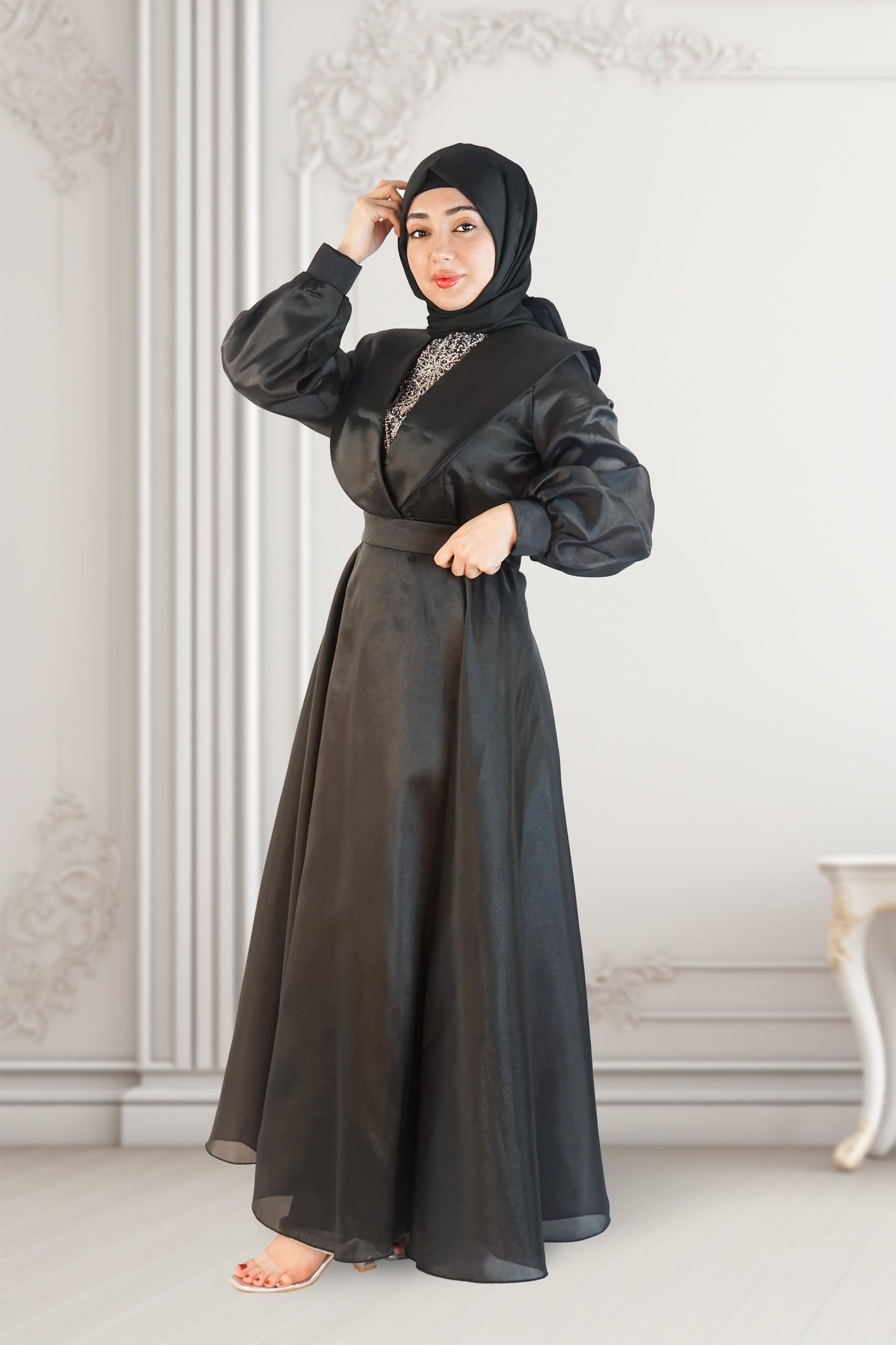 One-Sided Swarovski Stone Turkish Dress – Black Elegance