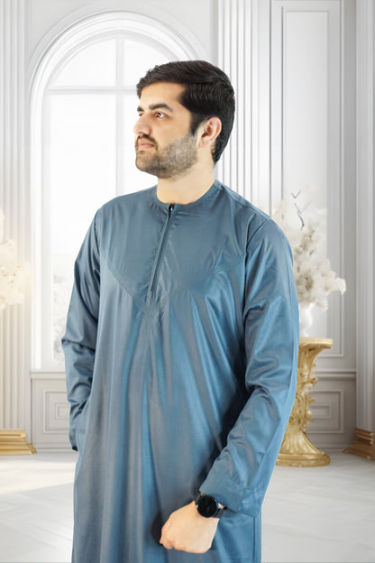 Shiny Teal Emirati Thobe with Zip and Collarless Design