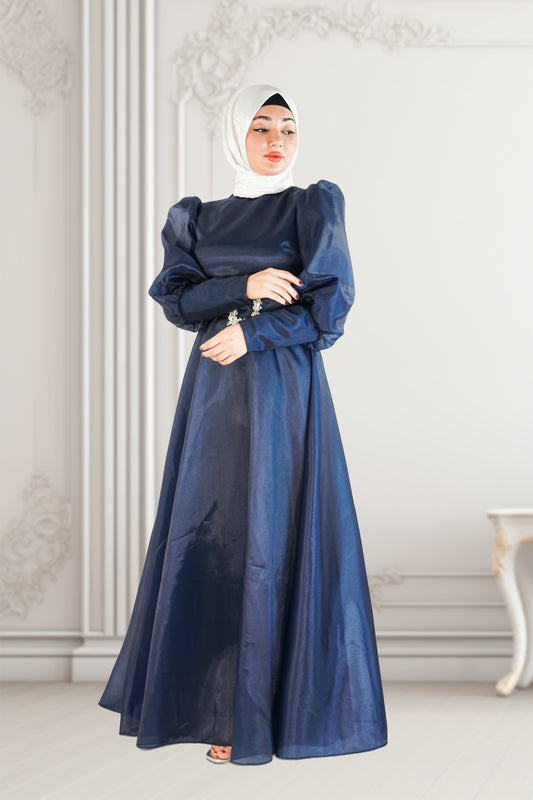 Chic Navy Blue Plain Organza Dress with Belt