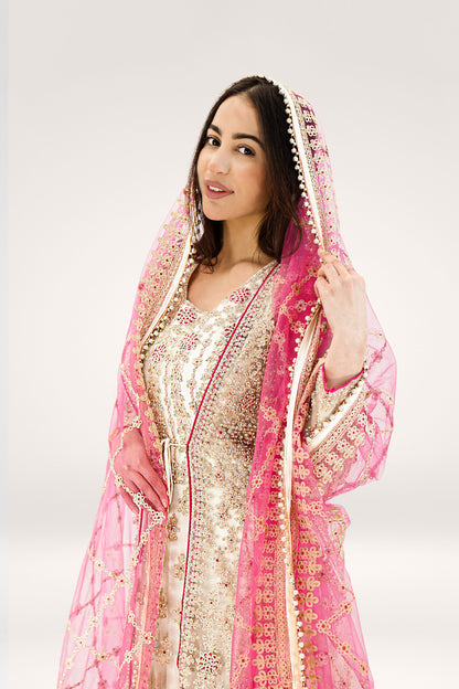 Elegant White & Pink Soft Net Asian Long Suit