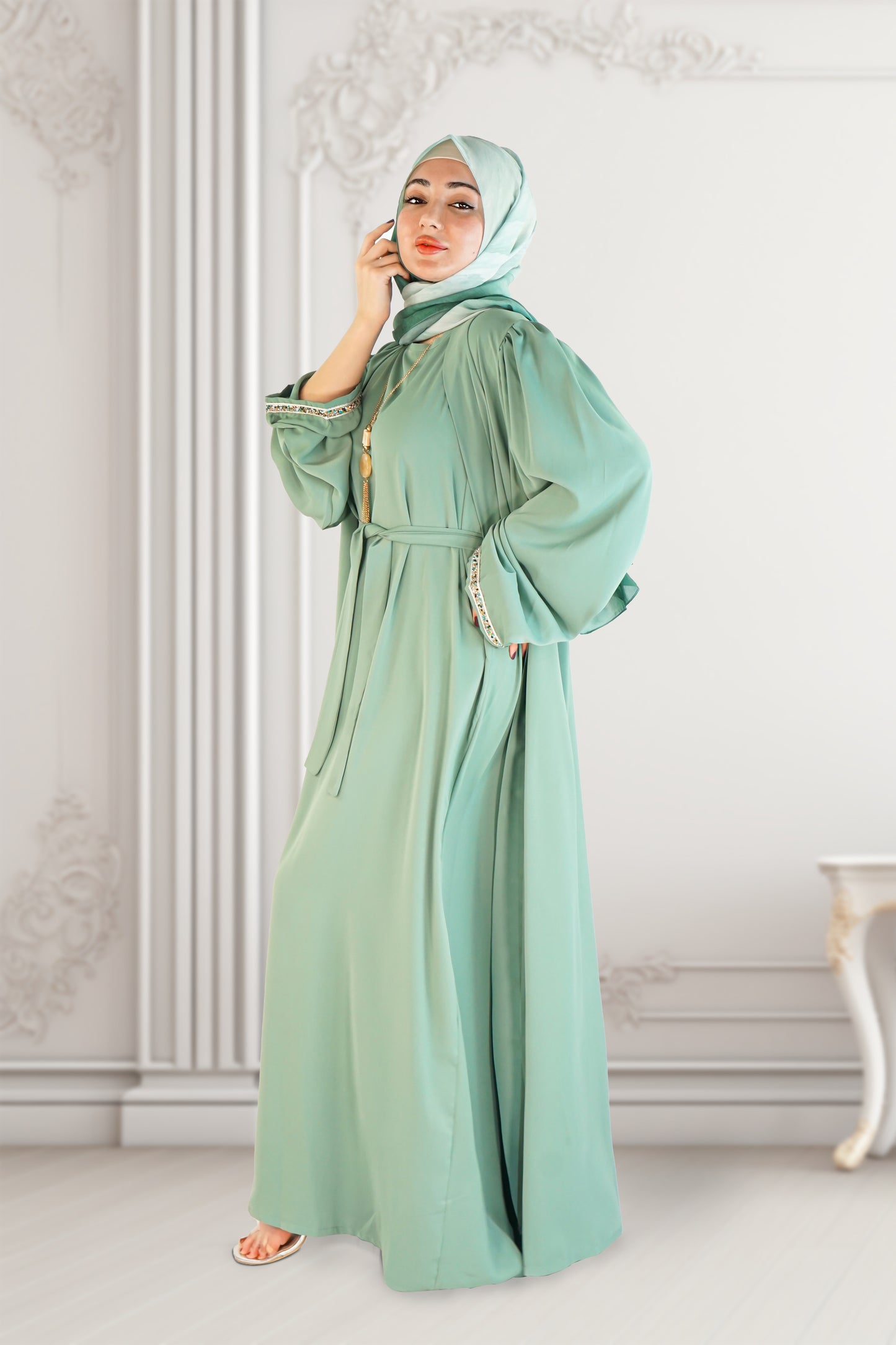 Two-Piece Moroccan Abaya with Belt Mint – Thick Chiffon Elegance