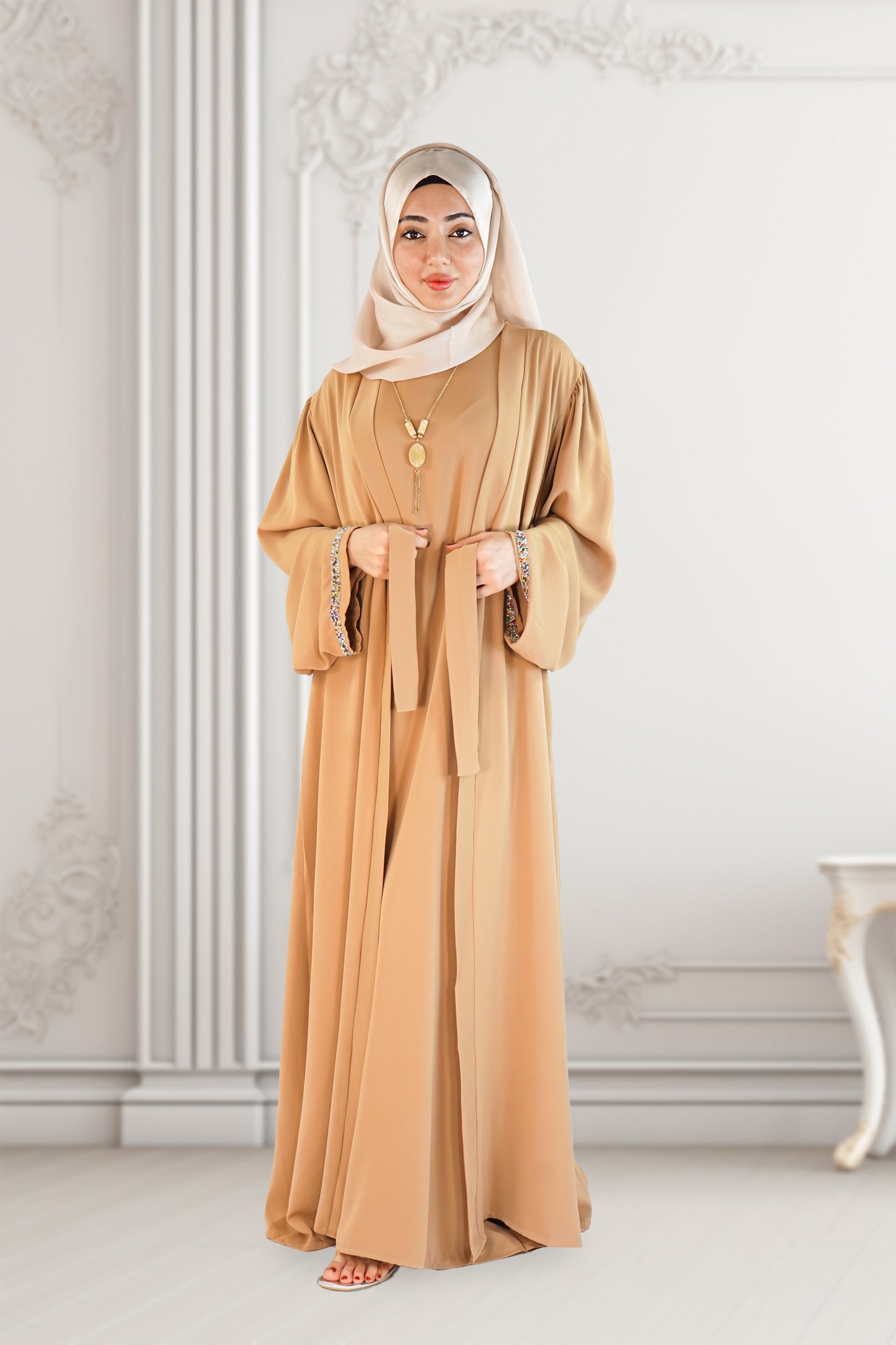 Two-Piece Moroccan Abaya with Belt Mint Camel – Thick Chiffon Elegance