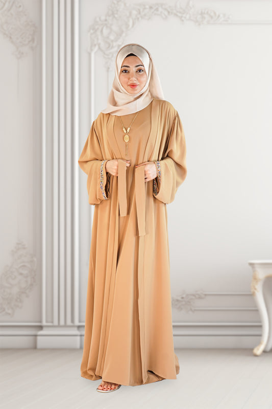 Two-Piece Moroccan Abaya with Belt Mint Camel – Thick Chiffon Elegance