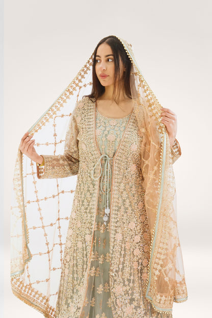 Elegant Sky Blue Soft Net Asian Long Suit with Stone Work