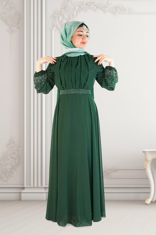 Elegant Green Dress with Pearl Work on Sleeves