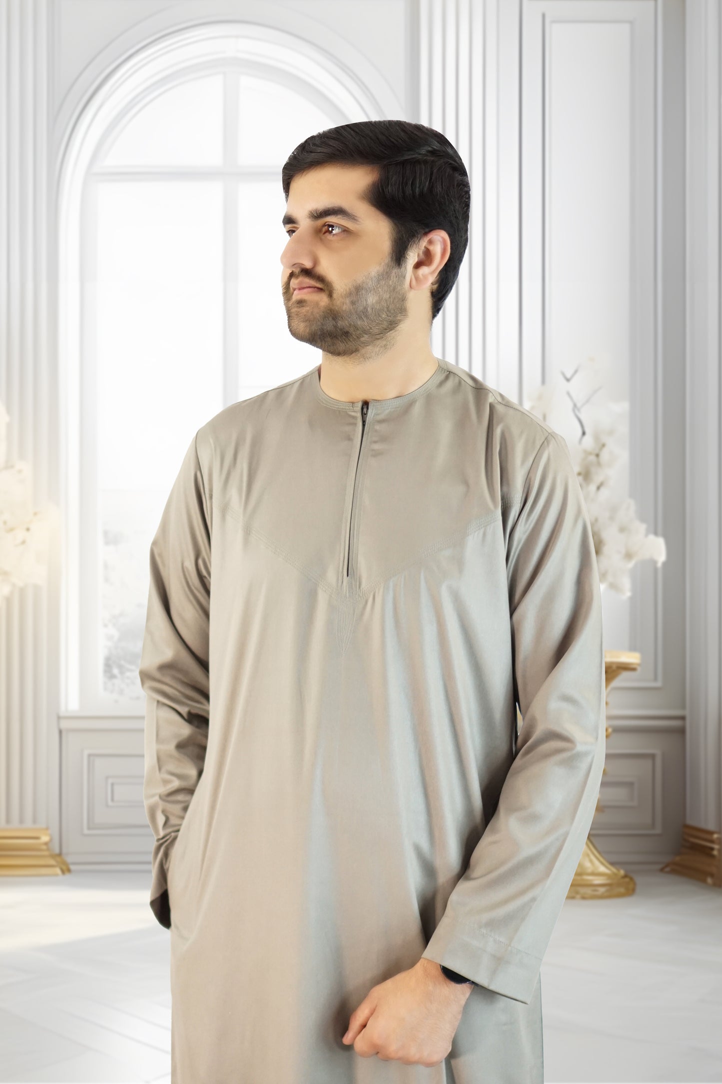 Light Beige Shiny Emirati Thobe Style with a Gleam