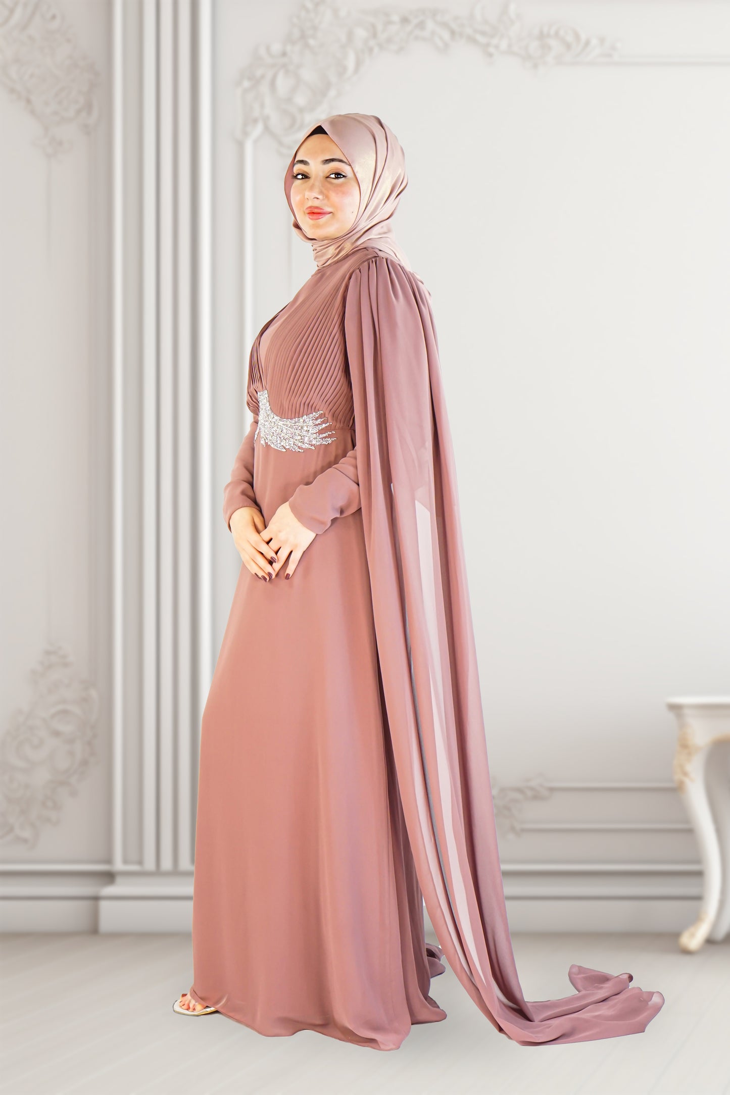 Mauve Turkish Dress with Elegant Long Cape Sleeves