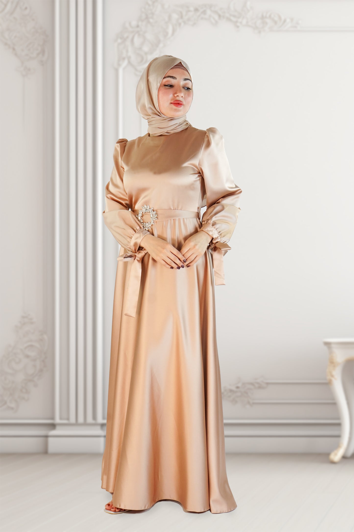 Elegant Beige Satin Dress with Swarovski Belt