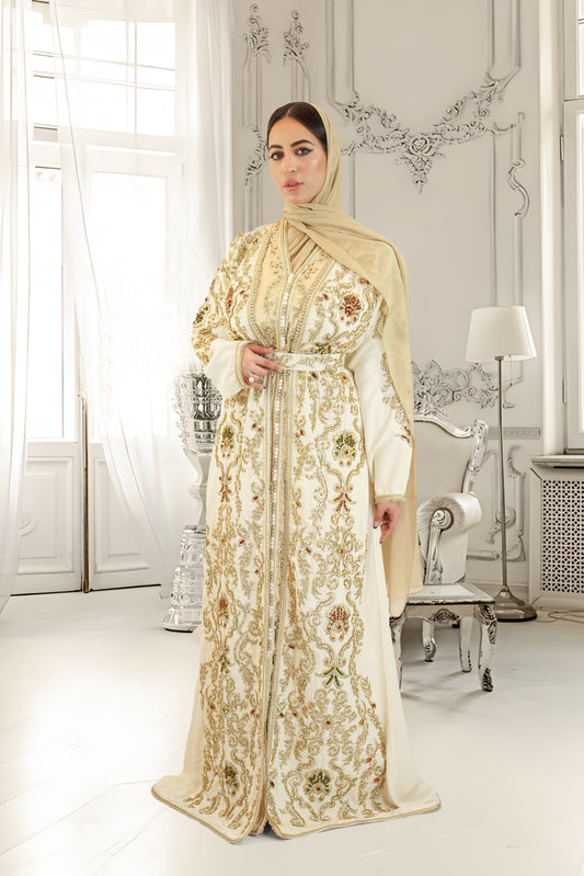 Luxury Cream & Golden Moroccan Takshita with Handcrafted Stone Details and Belt