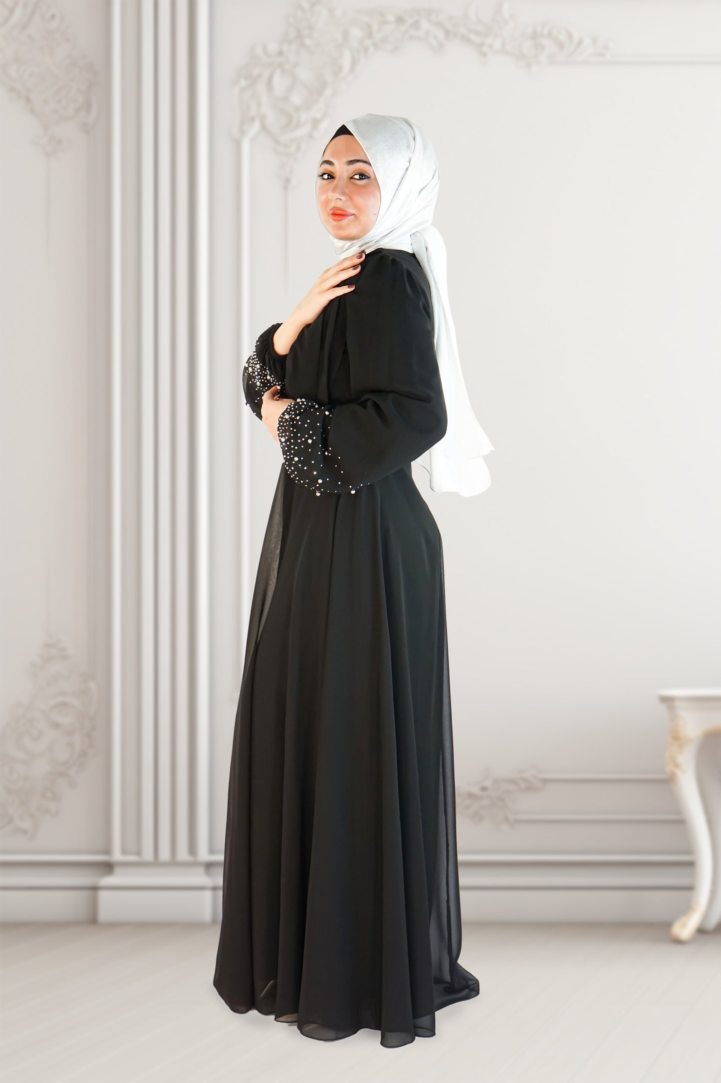 Elegant Black Dress with Pearl Work on Sleeves