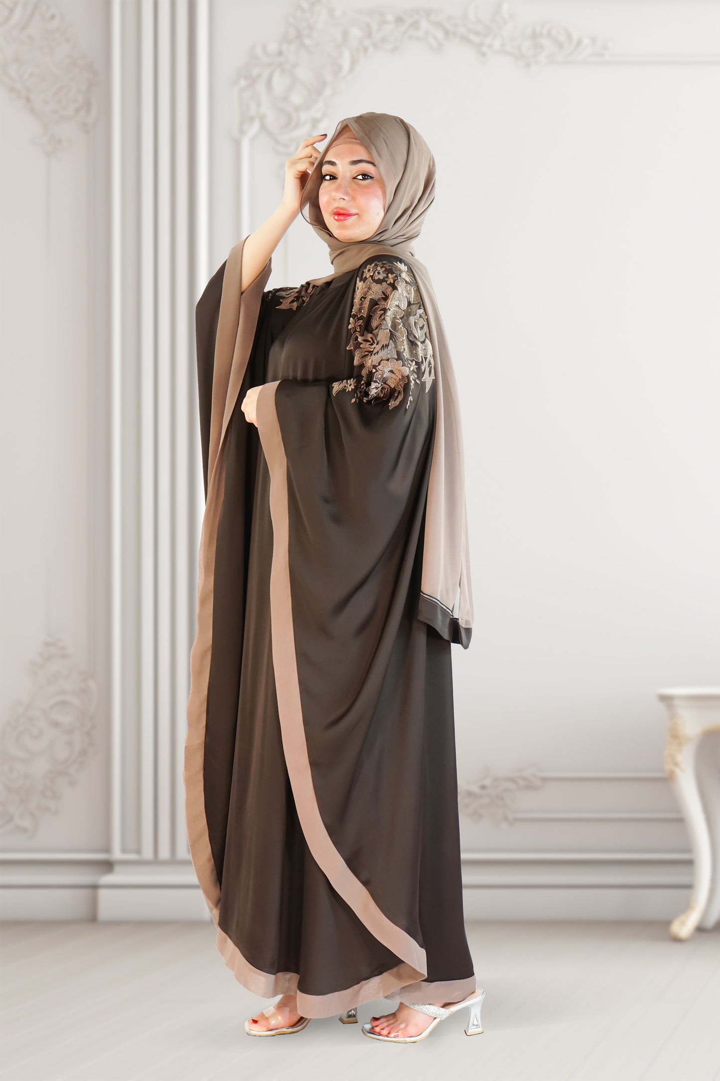 Dubai Style Embroidered Kaftan in Rich Brown