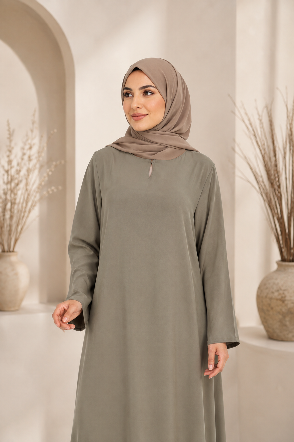 One Button Plain Nida Abaya – Olive Grey