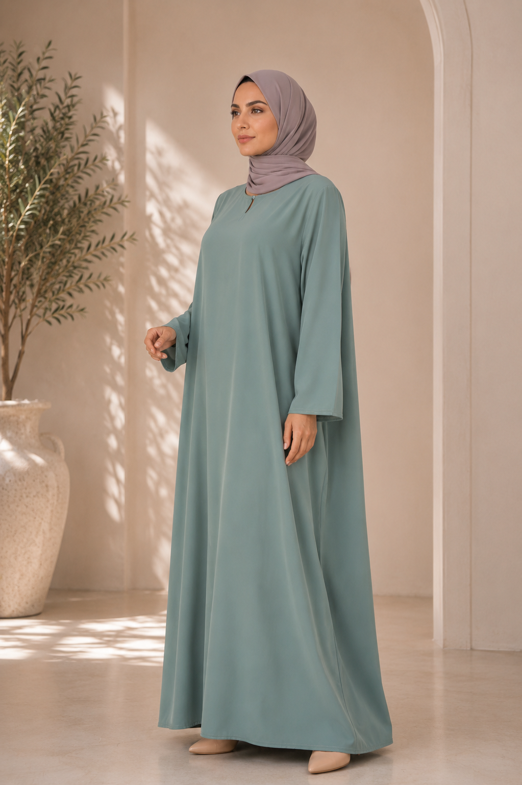 One Button Plain Nida Abaya – Sage Green