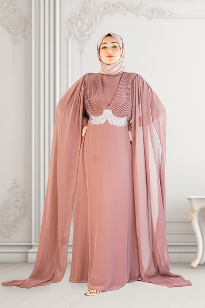 Mauve Turkish Dress with Elegant Long Cape Sleeves