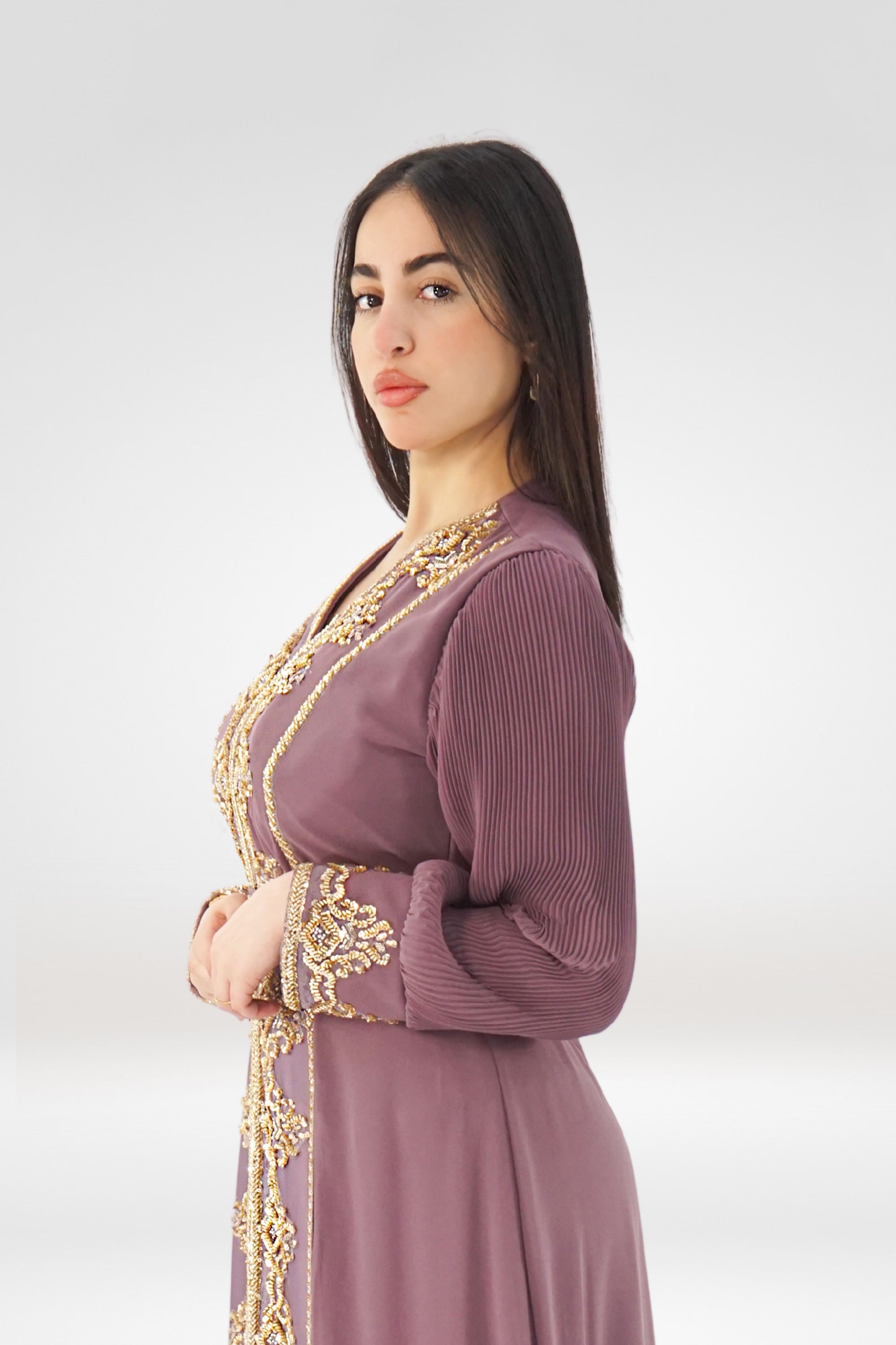 Luxury Embroidered Chiffon Kaftan – Plum Gold Edition