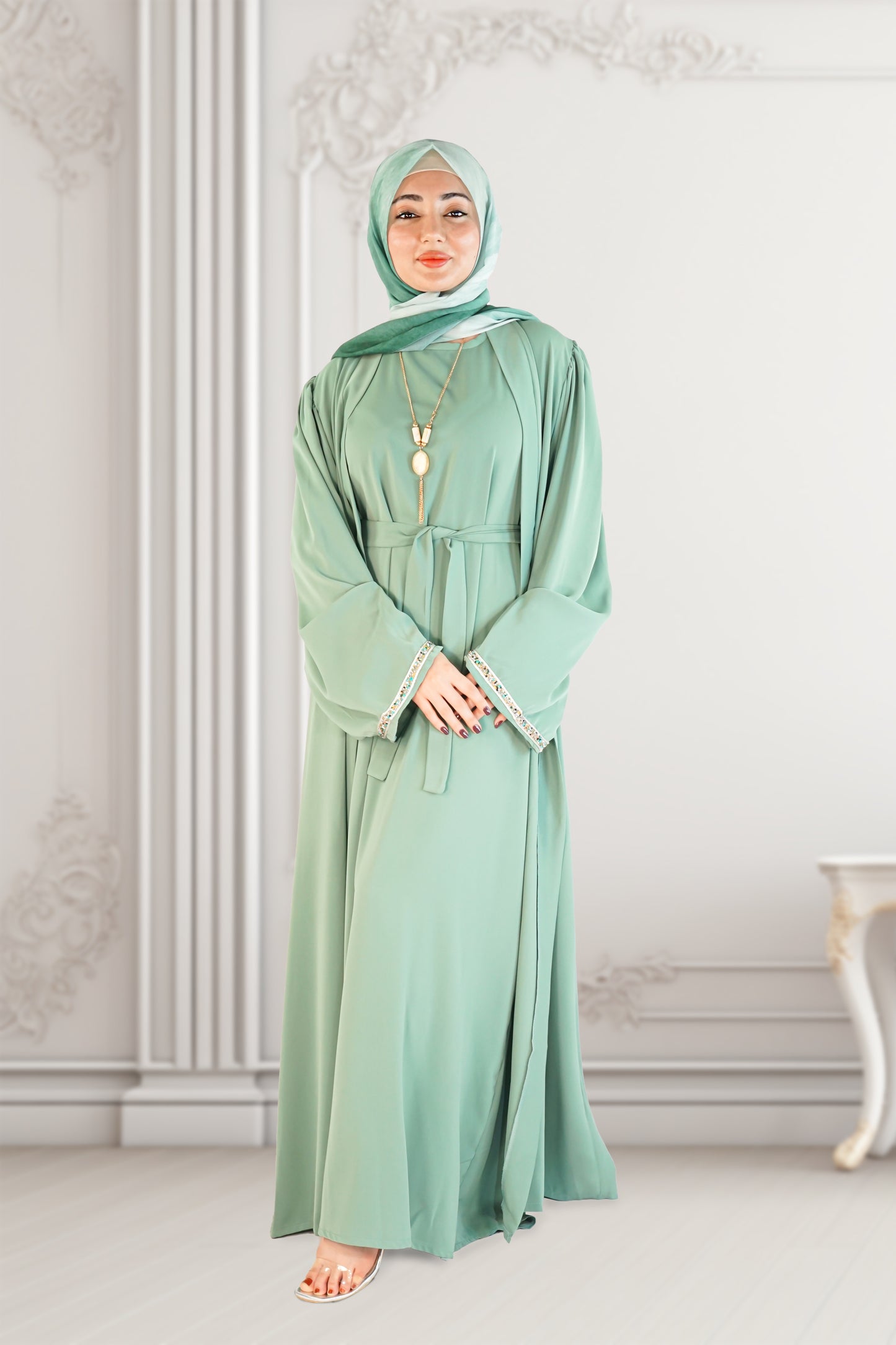 Two-Piece Moroccan Abaya with Belt Mint – Thick Chiffon Elegance