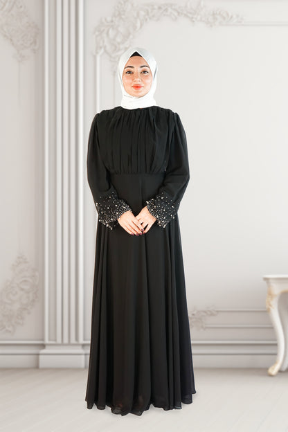 Elegant Black Dress with Pearl Work on Sleeves