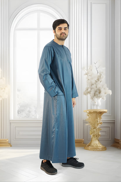 Shiny Teal Emirati Thobe with Zip and Collarless Design