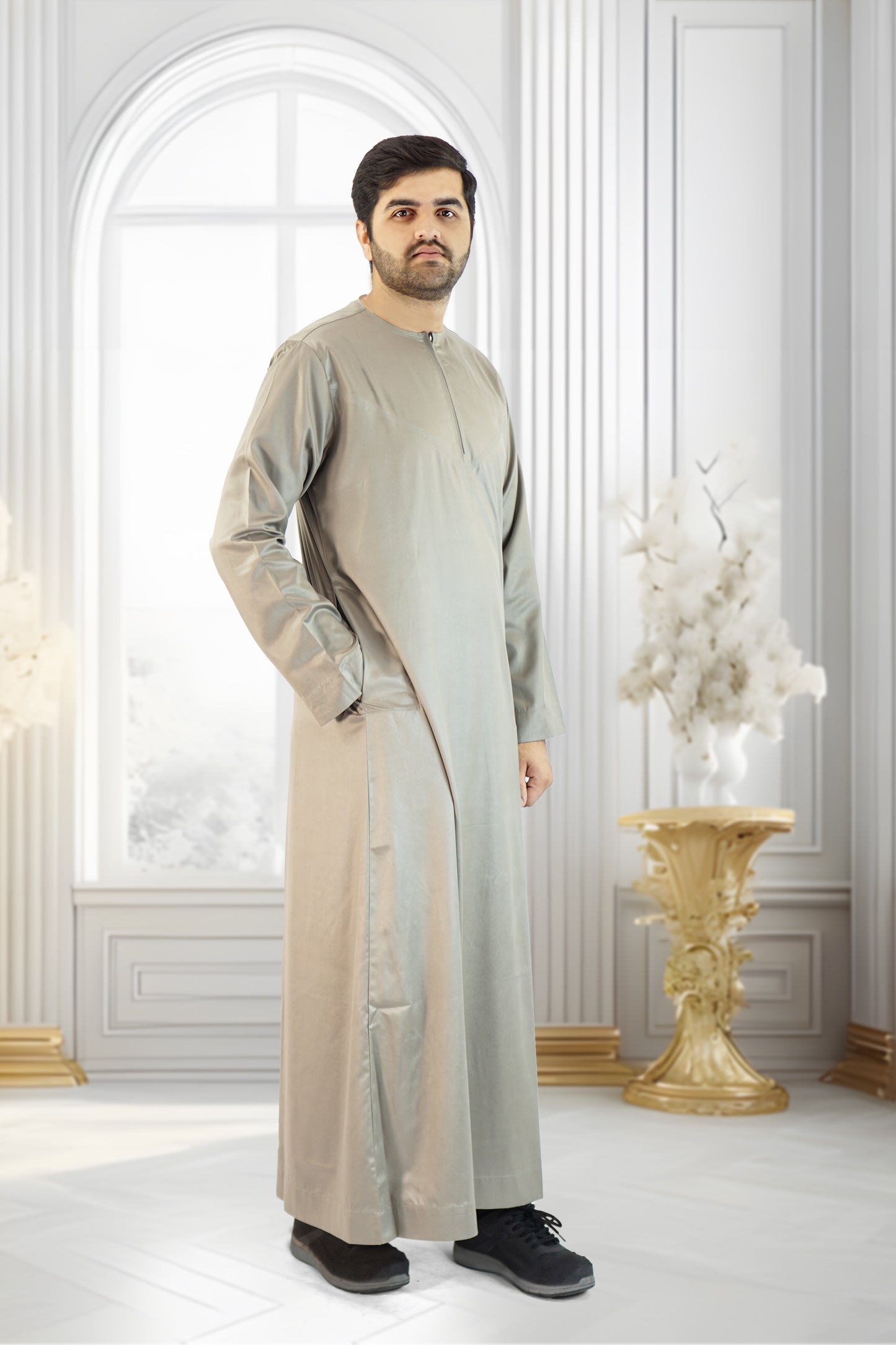 Light Beige Shiny Emirati Thobe Style with a Gleam