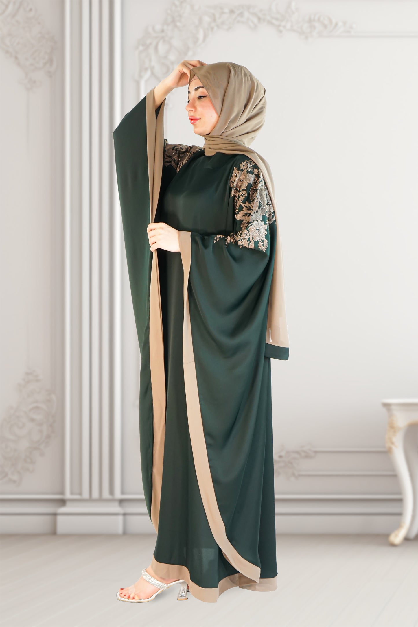 Dubai Style Embroidered Kaftan in Royal Green