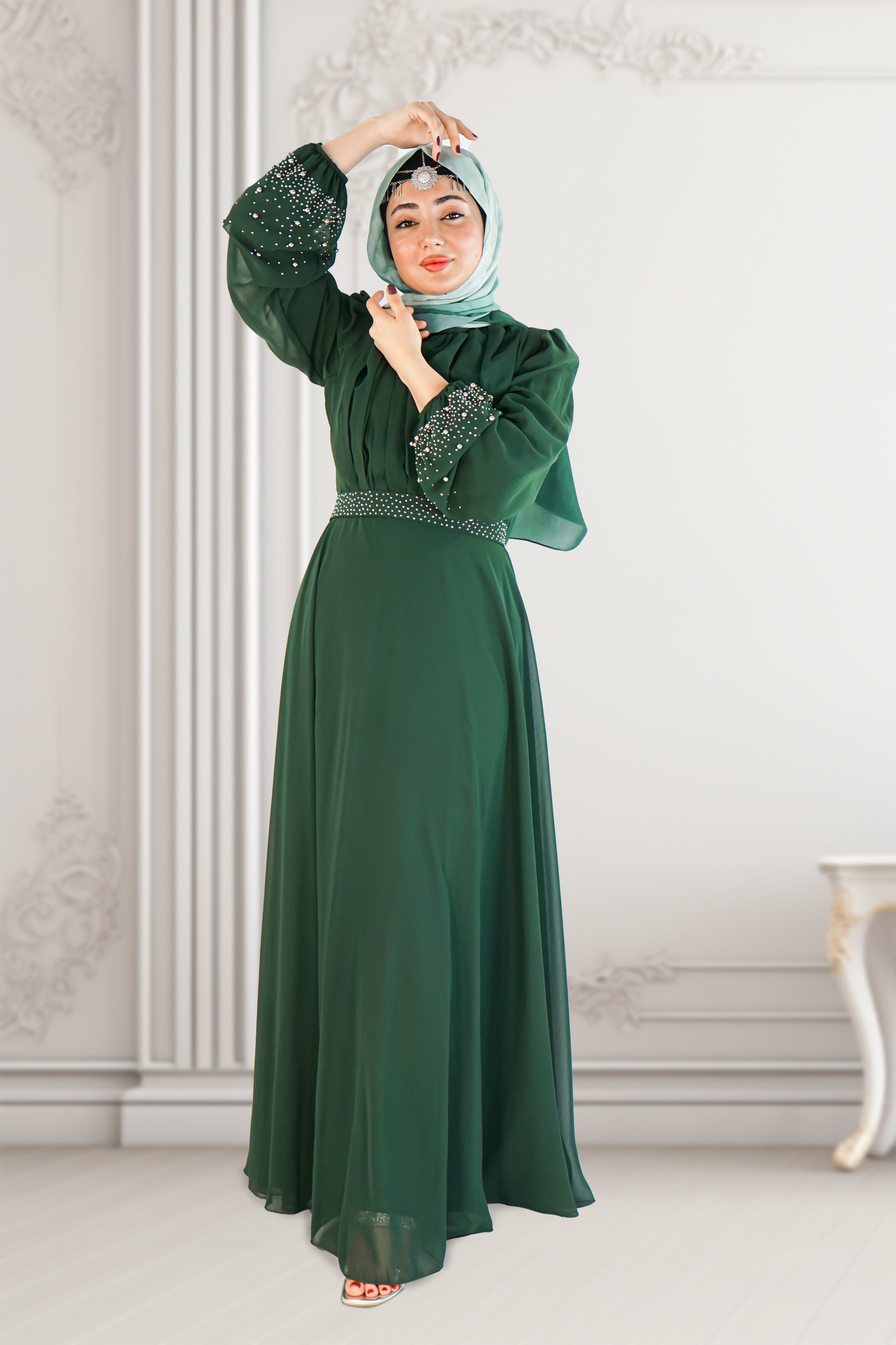 Elegant Green Dress with Pearl Work on Sleeves Elegant Green Dress with Pearl Work on Sleeves