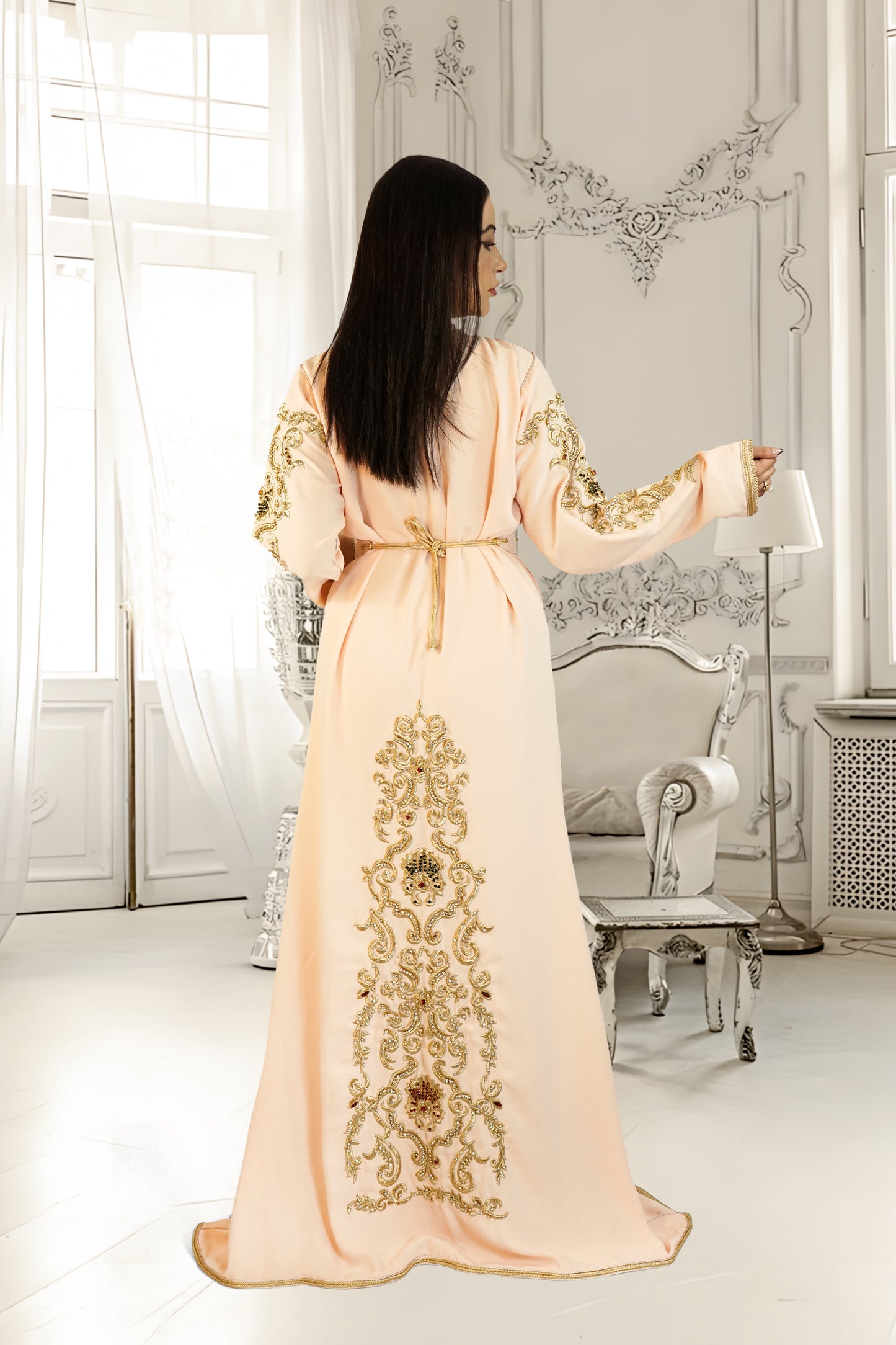 Exquisite Peach & Gold Moroccan Takshita with Handcrafted Embellishments and Belt