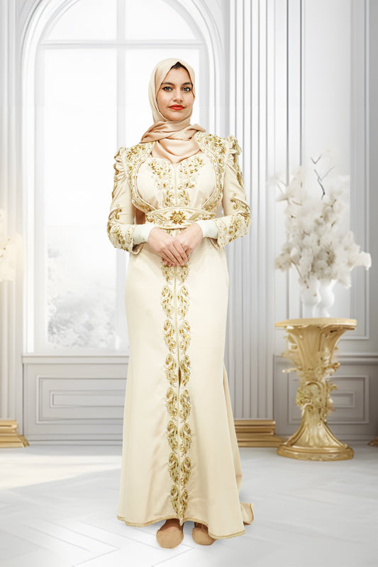 Mermaid Embroidery Turkish Dress Beige