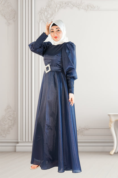 Chic Navy Blue Plain Organza Dress with Belt