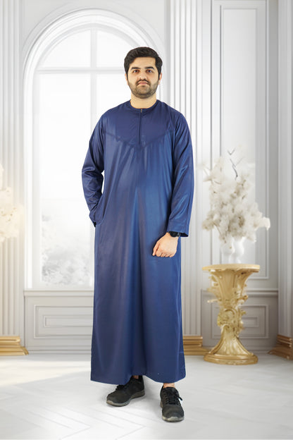 Shiny Blue Emirati Thobe with Zip and Collarless Design